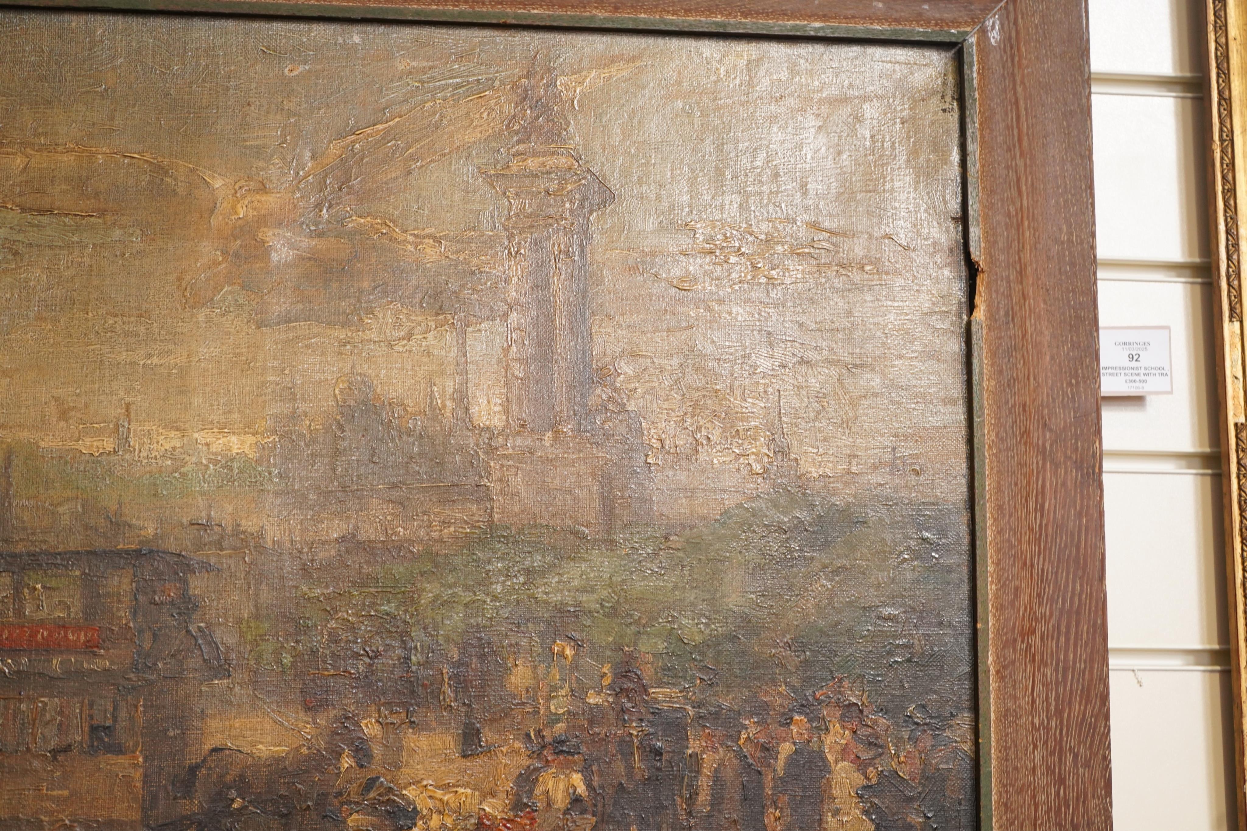 Impressionist School , Street scene with tram, fountain and triumphal arch, oil on canvas, 59 x 72cm